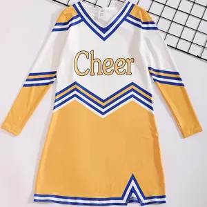 Detailed view of kids long sleeve cheerleading costume with stripe details and cheer print.