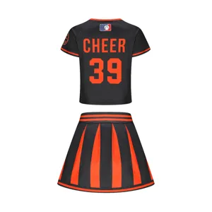 Kids cheerleading uniform set, black and orange crop top and pleated skirt for girls.