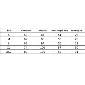 Detailed size chart for women's high-waisted imitation denim shorts and leggings. S-XXL.