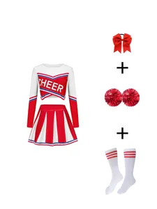 Red white adult cheerleading costume set long sleeve crop top pleated skirt with accessories