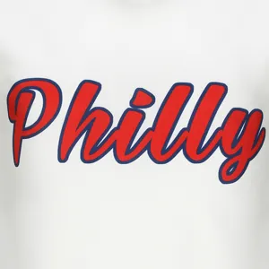 Detailed view of white cheerleading uniform fabric with red Philly script lettering.