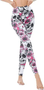 Close-up detail of high-waist stretchy leggings featuring an all-over skull and pink floral print.