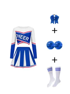 Women long sleeve cheerleading costume set with pleated skirt bow and pom poms socks