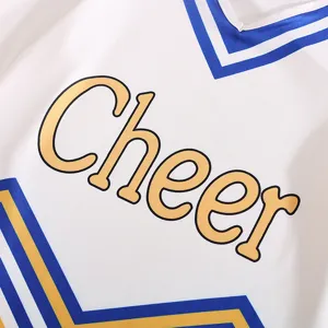 Kids girls cheerleading uniform top featuring blue and gold vneck and cheer print.