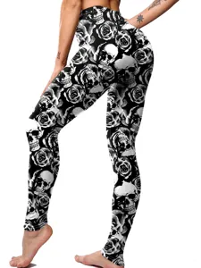 Women Gothic Skull Rose Print Leggings High Waist Elastic Stretchy Slim Pants Black White