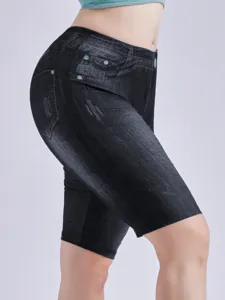 High waist stretch fake denim shorts detail, soft fitted fabric for women fashion wear.