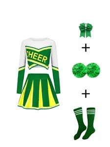 Green white cheerleader costume detail set, long sleeve top skirt with bow pom-poms socks