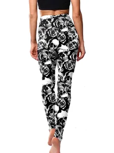 Women's high waist stretch leggings with gothic skull and rose allover print for style.
