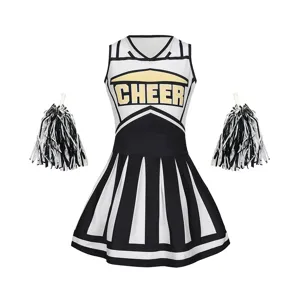 Μαύρο λευκό παιδικό σετ στολής cheerleading με φόρεμα και πομπόν για αθλητικό χορό