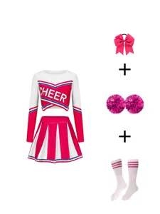Women long sleeve cheerleading uniform set with bow pom poms and socks for performance
