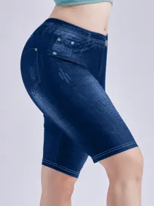 High waist stretch faux denim shorts for women, slim fit leggings designed for everyday fashion.