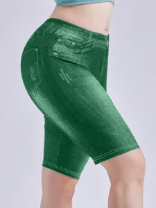 Women high waist stretch faux denim shorts slim fit green five quarter leggings active wear