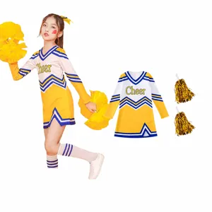 Girls Cheerleading Costume Outfit Long Sleeve Top Pleated Skirt Pom Poms Kids Sports Dance Performance Set