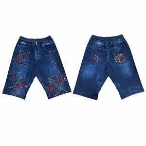 Shorts Faux Denim Extensible Taille Haute pour Femmes Casual Skinny Imprimé Floral Remontant Short De Sport