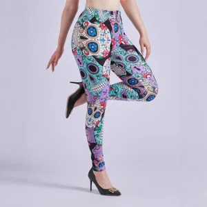 High waist stretch leggings featuring vibrant sugar skull allover print for women fashion.