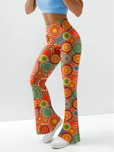 Detailed view of women high waisted retro colorful dot print pants close up design