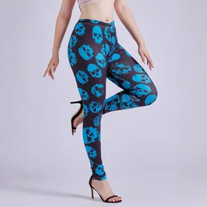 Women high waist stretch leggings with blue skull print gothic punk long pants main view