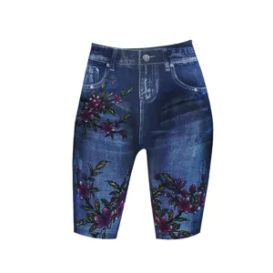 Short cycliste extensible taille haute avec imprimé floral faux denim, vue détaillée.