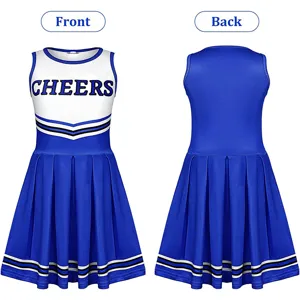 Detailed view of the blue cheerleading dress with CHEERS print, front and back design.
