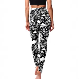 High waist skull rose print stretch leggings casual gothic long pants for women streetwear