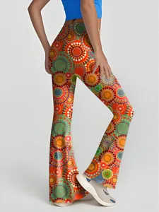 Women high waist elastic flare pants vibrant dot printed yoga fitness dance trousers