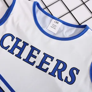 Kids cheerleading dress detail close up white blue cheer costume size 130 children uniform
