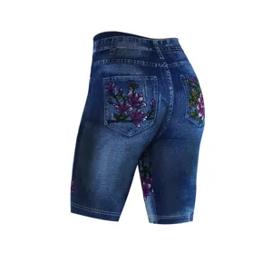 Short de motard femme impression denim fleurs taille haute legging de sport moulant