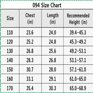 Children performance costume size chart detail showing chest and length measurements for 110-170cm