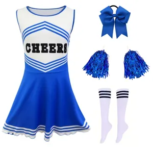 Childrens cheerleader costume set with dress bow pom poms and socks for party performance.