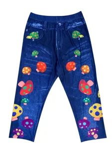 Women's high waist casual cropped leggings with colorful cartoon mushroom denim print design.