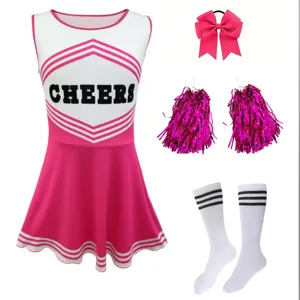 Kids cheerleader costume set pink white dress with bow pompoms and socks for girls performance