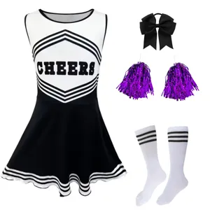 Kids Cheerleading Uniform Costume Sleeveless Letter Print Dress With Hair Bow And Socks Girls Performance Outfit