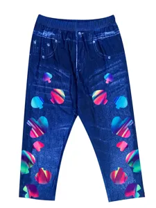 Women high waist cropped leggings fake denim print slim fit casual elastic skinny pants