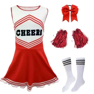 Detailed view of kids cheerleader costume set with red white dress and accessories.