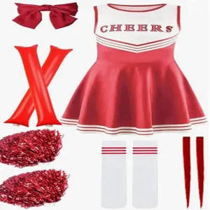 Kids red white cheerleader costume set with bow pom poms socks cheer sticks hair extensions