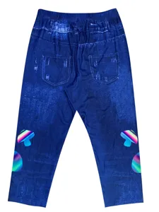 Detail of women high waist casual print capri leggings with fake denim texture and mushroom print.