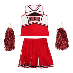 Red white cheerleader costume set with top, skirt and two pom poms for dance show wear