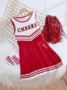 Kids cheerleading costume red white dress set with pom poms for school performance