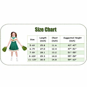 Tabella delle taglie dettagliata per costume da cheerleader per bambini con misure e altezza.