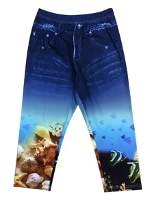 High waist denim print cropped leggings detail showing ocean and shell pattern design.
