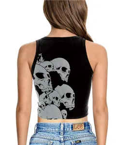 Γυναικείο μαύρο crop top με γοτθικό κρανίο στάμπα καλοκαιρινό αμάνικο streetwear