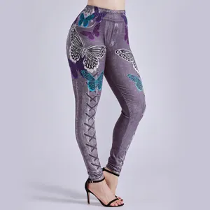 Mallas de mujer de talle alto con efecto vaquero, con elegantes estampados de mariposas y cordones.