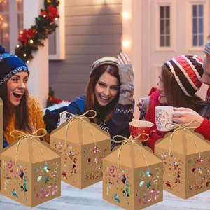 Christmas kraft paper gift boxes set, festive party candy and apple packaging with handles.