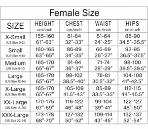 Female cheerleading uniform size chart with detailed height chest waist hip measurements.