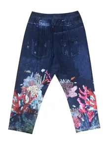 Women casual cropped leggings featuring vibrant coral reef print and faux denim high waist.