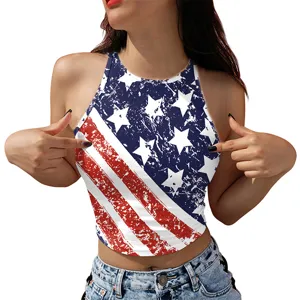 Crop top με τύπωμα αμερικανικής σημαίας, καλοκαιρινό αμάνικο γυναικείο τοπ casual street style.