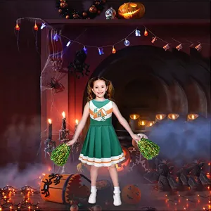 Set costume cheerleader verde per bambini con ponpon per sport e festa di Halloween.