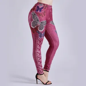 Leggings ajustados de talle alto efecto vaquero con estampado de mariposa mujer