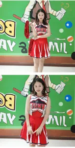Red and white cheerleader costume set with pleated skirt and pom poms for performance.