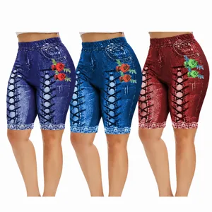 Women High Waist Elastic Imitation Denim Shorts Slim Fit Casual Printed Lace Trim Butt Lifting Leggings